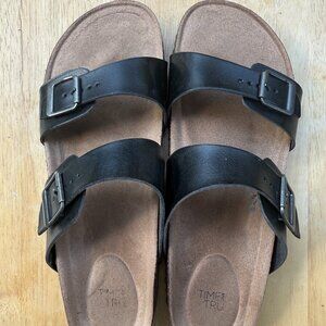Women's Leather 2 Strap Slides Black w/ cork bottom SZ 11 Time Tru EUC